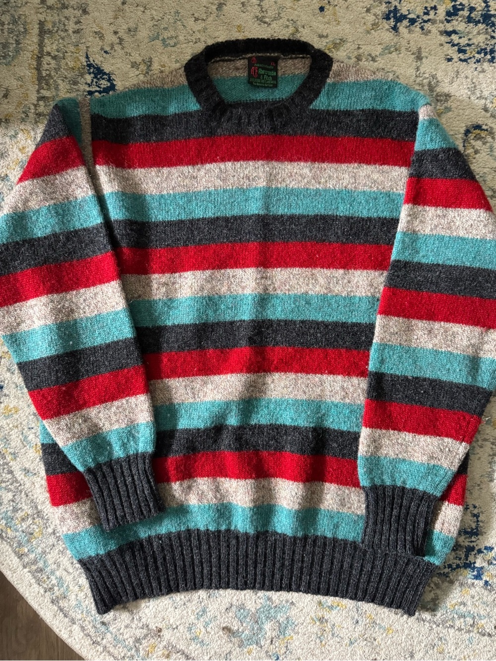Abercrombie vintage men’s striped Crewneck Sweater (Red, Teal, Gray)